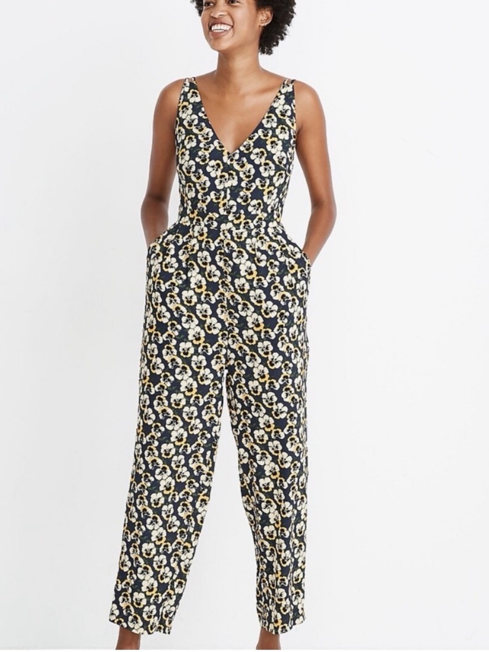 Madewell Navy Floral V-Neck Sleeveless Jumpsuit